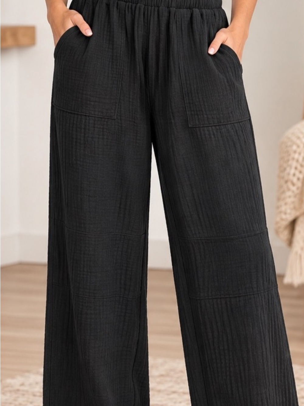 Zenana Wide Leg Black Cotton Gauze Pants